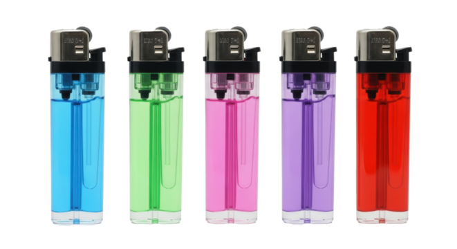 Vibrant collection of lighters showcasing blue, green, pink, purple, and red, perfect for showcasing colors or highlighting the variety of everyday objects, transparent background