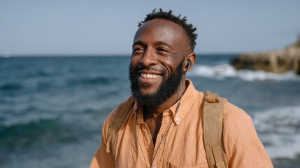 Joyful man enjoys music near ocean waves on sunny day