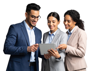  Diverse coworkers pointing at tablet – team work PNG