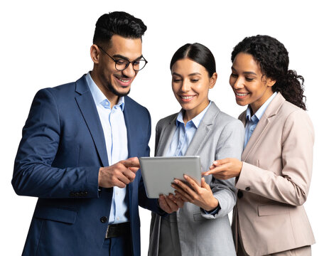 Diverse coworkers pointing at tablet – team work PNG