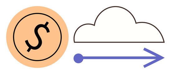Dollar coin linking to a stylized cloud with forward arrow. Ideal for finance, technology, online banking, digital economy, data sharing, payment systems, simple flat metaphor