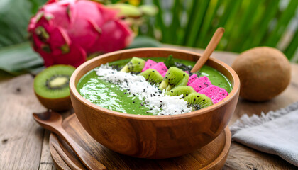 Green Smoothie Bowl with Kiwi and Dragon Fruit