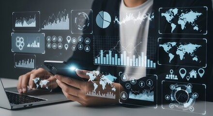 Analyzing data with business intelligence tools using laptop and mobile for data analysis