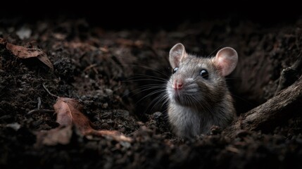Wild rat emerging from dark soil in forest setting