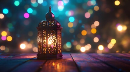 Enchanting lantern aglow on wooden planks, casting a mystical bokeh spell