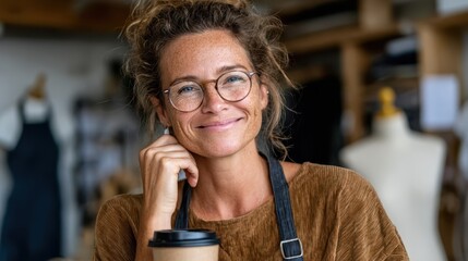 Creative artisan smiles in a cozy workshop while enjoying coffee