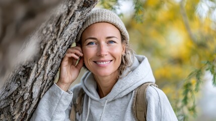 Smiling woman in a cozy sweater enjoys nature in vibrant autumn foliage