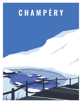 Travel poster of river and mountain views in snowy winter. Vector illustration with flat style.