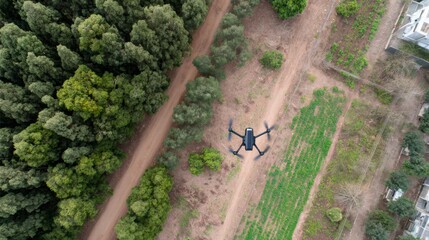 Drone flying over green fields and trees for environmental monitoring