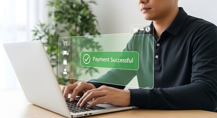 Successful payment online shopping man using laptop for purchase transaction e commerce concept