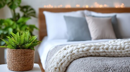 Cozy bedroom retreat with lush greenery and soft textures for relaxation