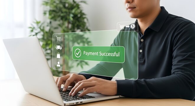 Successful payment online shopping man using laptop for purchase transaction e commerce concept