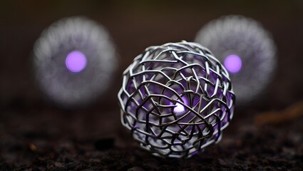 Wire sphere purple light glow abstract design metal art decoration bokeh blurred background