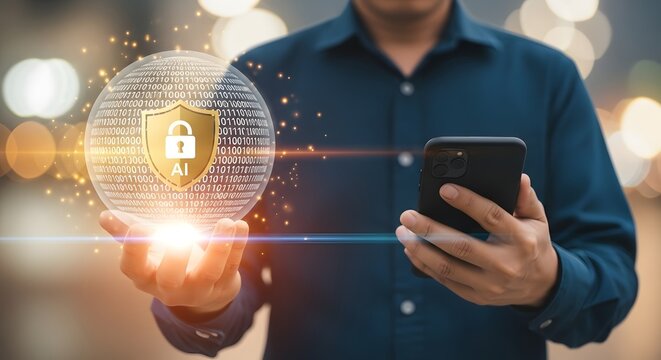 Ai cybersecurity protection concept man holding digital shield with padlock and smartphone