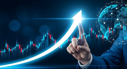 Stock market analysis and investment strategy with upward trend and global connections concept