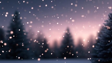 Christmas eve snow falling on warm evening with pine trees