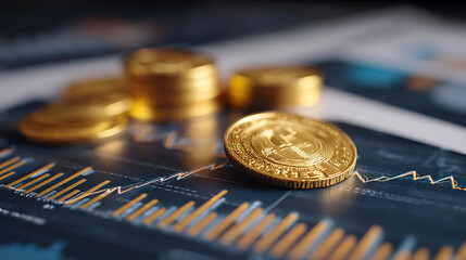 Golden Cryptocurrency Coins on Financial Chart Background, Investment Concept