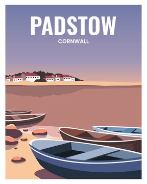 vector illustration of panoramic landscape with fishing boats in the harbor.