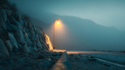 Mysterious night on a deserted road illuminated by a vintage street lamp amidst fog