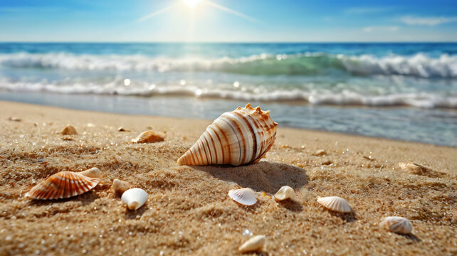 Beautiful seashells scattered on a sandy beach with gentle waves and bright sunlight - Powered by Adobe
