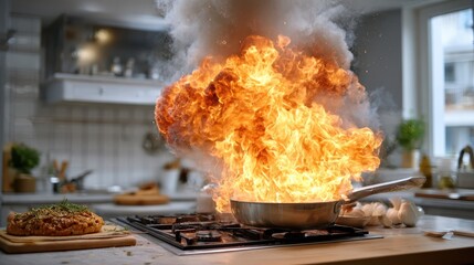 Flames rise dramatically in a bustling kitchen during a cooking disaster