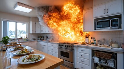 Cooking disaster unfolds in a modern kitchen during a busy dinner hour