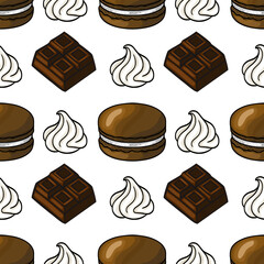 Seamless vector pattern of delicious chocolate macarons, creamy swirls, and chocolate bars, creating a sweet and tempting dessert design.