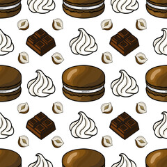 Seamless vector pattern of chocolate macarons, whipped cream swirls, hazelnut halves, and chocolate pieces, creating a delightful confectionery design.