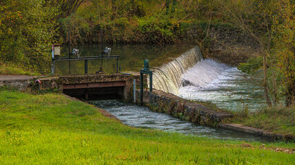 Artificial waterfall in France.
Small overflow dam in Lapeyre in Aveyron, Occitanie region of...