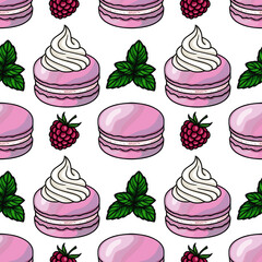 Seamless vector pattern of pink macarons with whipped cream, raspberries, and mint leaves, creating a delightful and sweet dessert illustration.