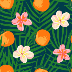 Seamless pattern with tropical fruits and flowers on a dark background. Juicy oranges, palm leaves and colorful blossoms for summer fabric and wrapping design.