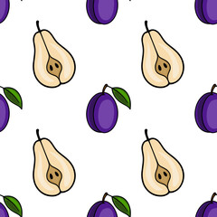 Seamless vector pattern of halved pears and plums, featuring a vibrant purple and beige color scheme, ideal for kitchen or food-related designs.