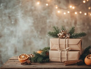 Warm Christmas gifts adorned with pine, cinnamon and dried orange slices
