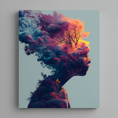 Dreamlike fusion of nature and identity representing inner thoughts and emotions through the silhouette of a person against a surreal landscape at twilight