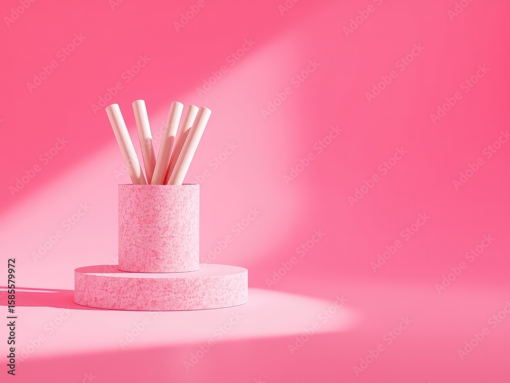 Fototapete abstract rendering of light pink cylinders set on elevated platforms with soft shadow in a monochrom