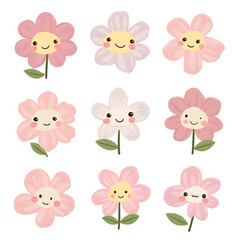 Fototapeta premium Smiling Flowers Set with Pink Petals and Cute Faces