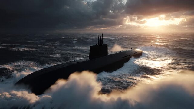 A military submarine navigating rough seas at sunset.