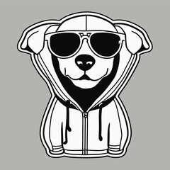 Cartoon dog wearing a hoodie and sunglasses, stylized graphic design.