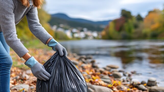 Cleaning the riverside in autumn's embrace with a community spirit