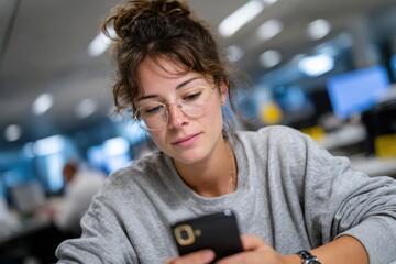 A young woman with a focused expression reads on her smartphone, surrounded by a contemporary workspace that reflects modern life and technological engagement.