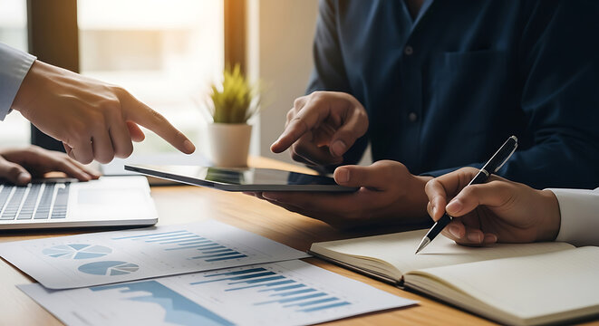 Business professionals collaborating on financial data using technology collaboration finance - Powered by Adobe