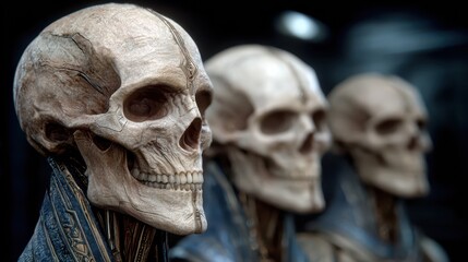 Intriguing skeletons on display in a dark museum setting at night