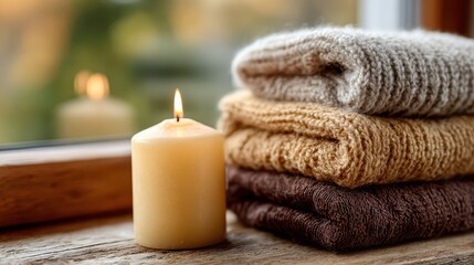 Cozy autumn setting with warm blankets and a flickering candle
