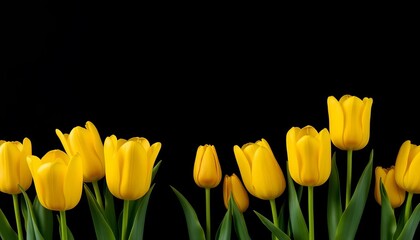 Naklejka premium Vibrant yellow tulips against a stark black backdrop, design, isolated