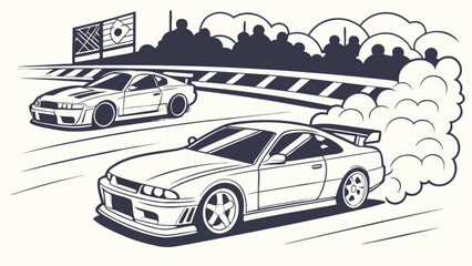 Drifting cars racing vector illustration with smoke and crowd background for automotive enthusiasts design