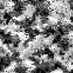 Abstract grayscale camouflage pattern featuring random pixelated shapes and textures