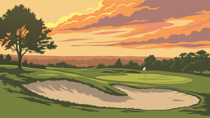 Golf course landscape vector illustration for golf enthusiasts and scenic golf course views at sunset or sunrise