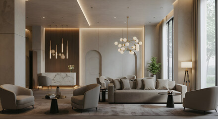 Fototapeta premium Modern lobby interior with neutral tones and contemporary furniture. Empty waiting area with comfortable seating and a marble reception desk.