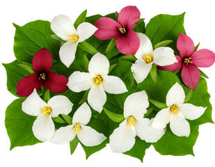 Naklejka premium Flat Lay of Trillium Flowers in White, Pink, and Red with Leaves, Natural Scatter Pattern