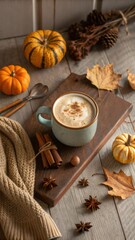 Cozy autumn still life with pumpkin spice latte, pumpkins, fall leaves, spices and warm sweater on rustic wooden table